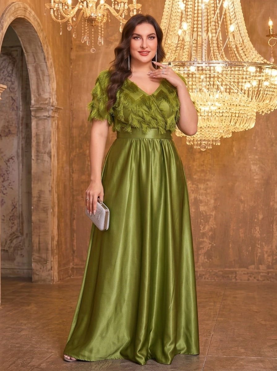 Faux Fur and Tassel Jacquard Knit Evening Gown