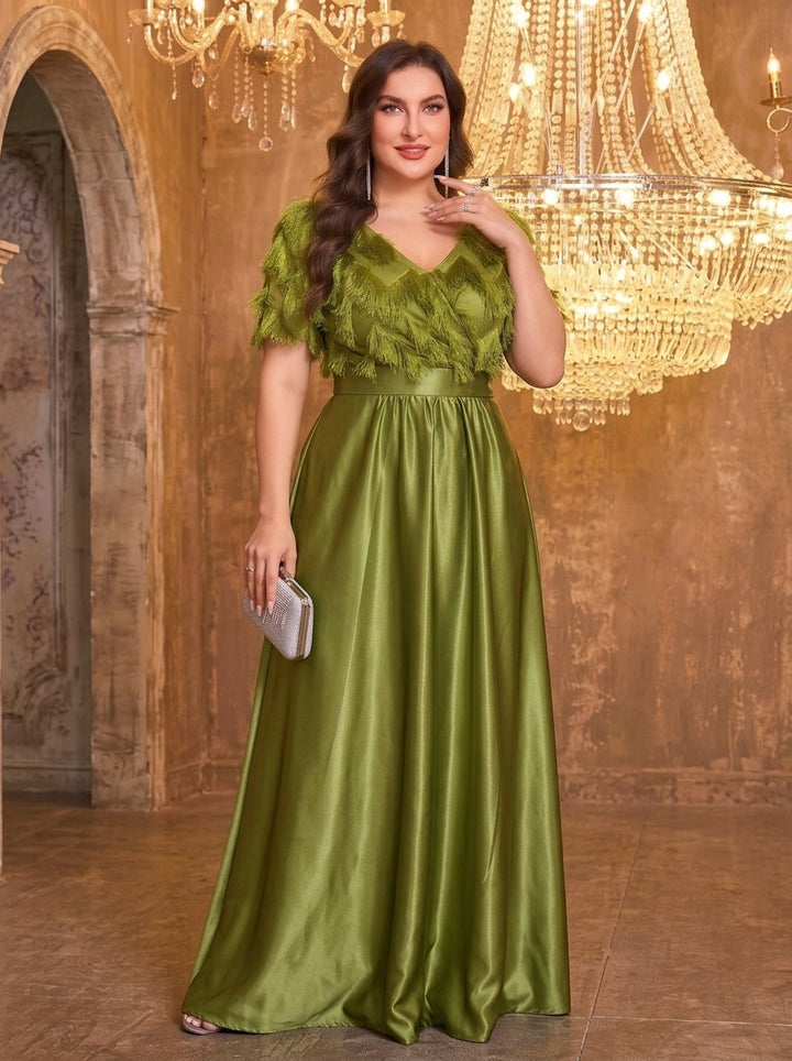 Faux Fur and Tassel Jacquard Knit Evening Gown