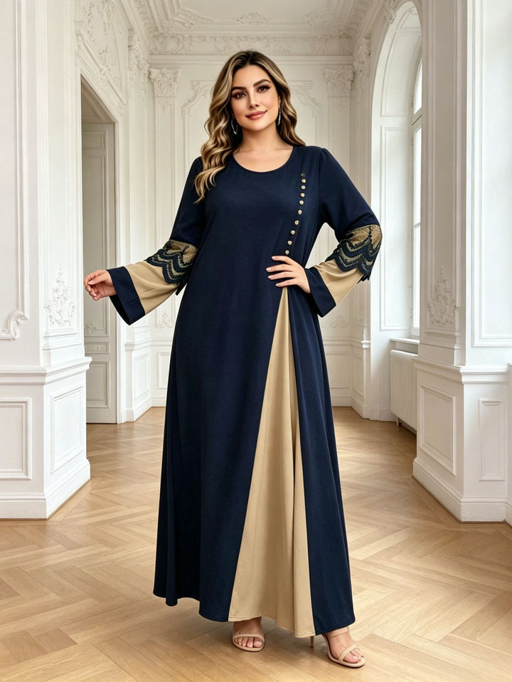 Color-blocked lace long-sleeved beaded maxi dress