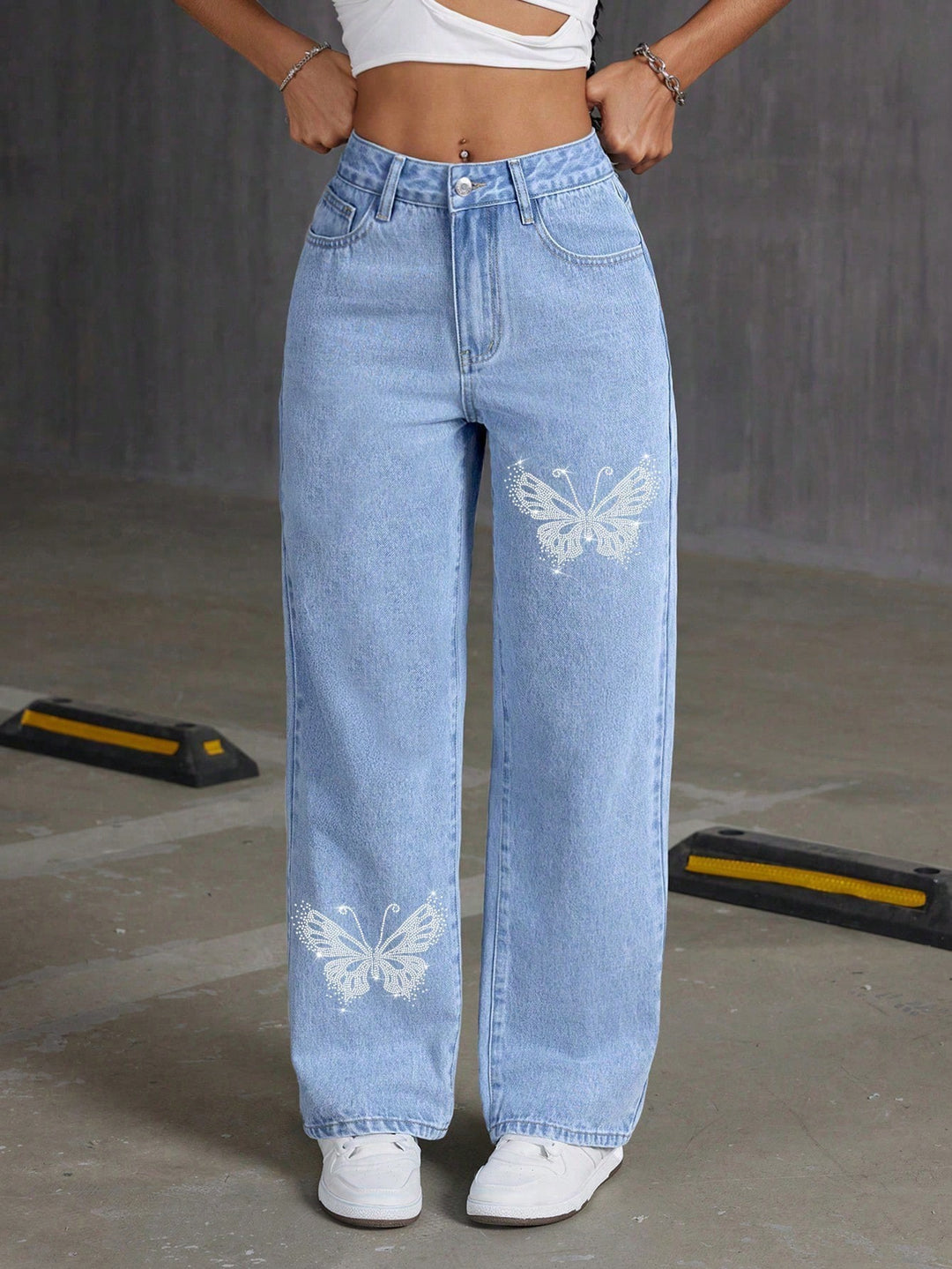 Rhinestone butterfly straight leg jeans