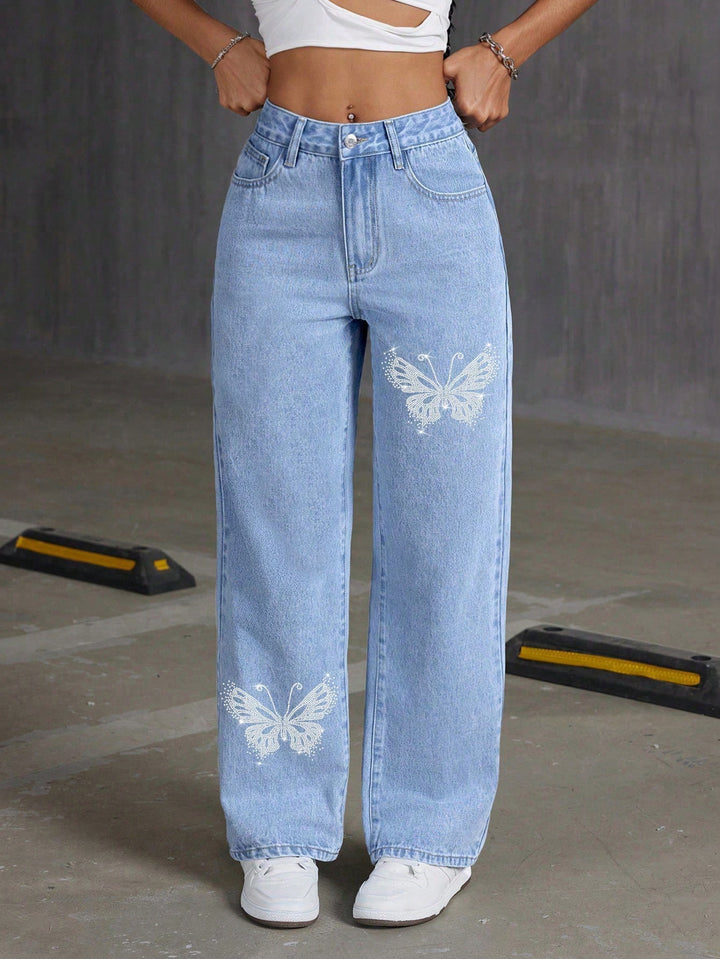 Rhinestone butterfly straight leg jeans