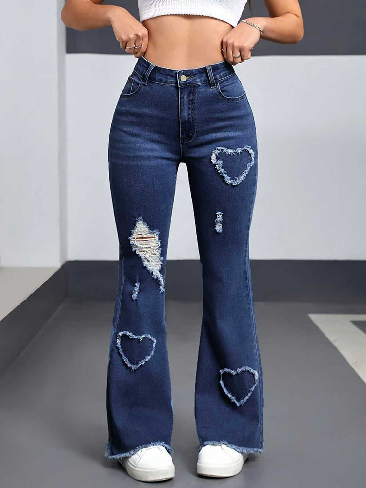 Women’s Jeans Stretch Heart-Shaped Pattern Ripped Bootcut Pants