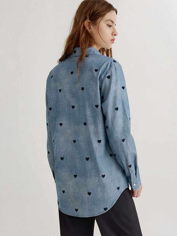 Heart-patterned loose long-sleeved shirt