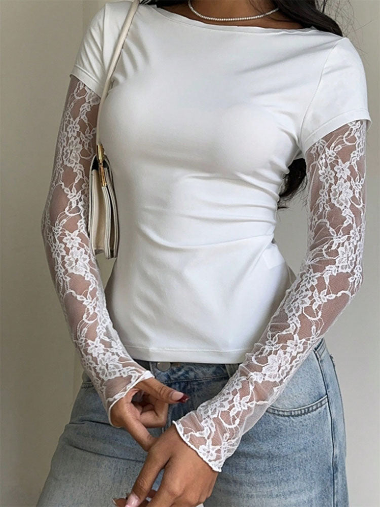 Mesh lace long-sleeved fitted top
