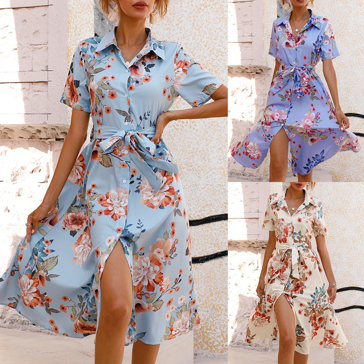 Waist-cinching single-breasted printed short-sleeved dress