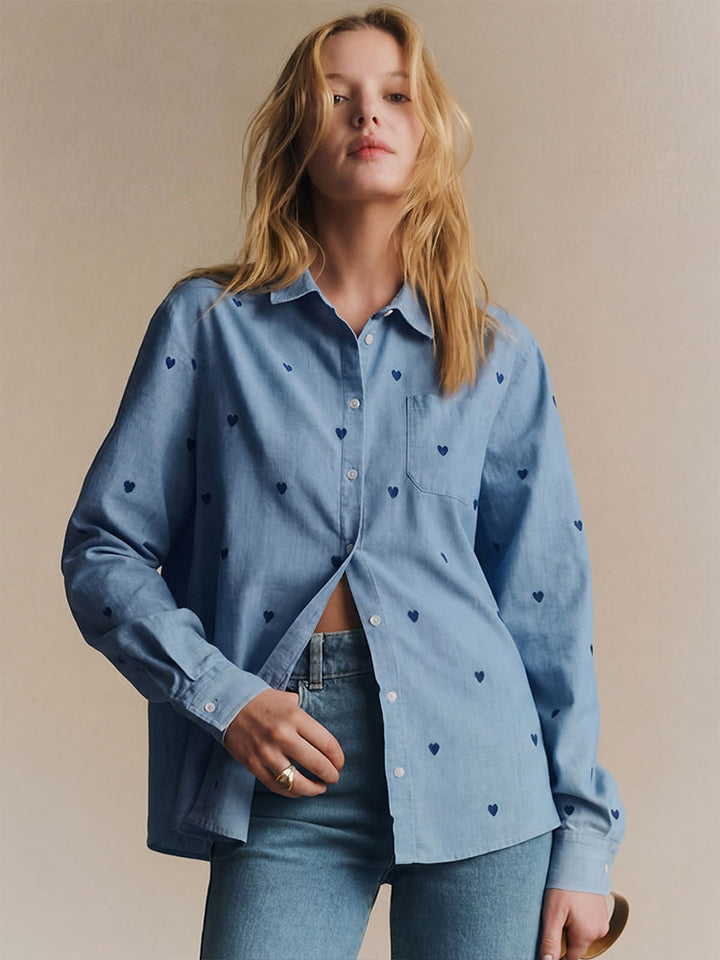 Heart-patterned loose long-sleeved shirt