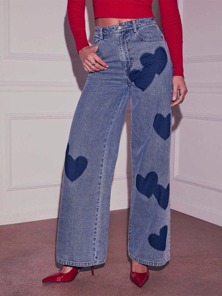 Heart-print high-waisted wide-leg jeans