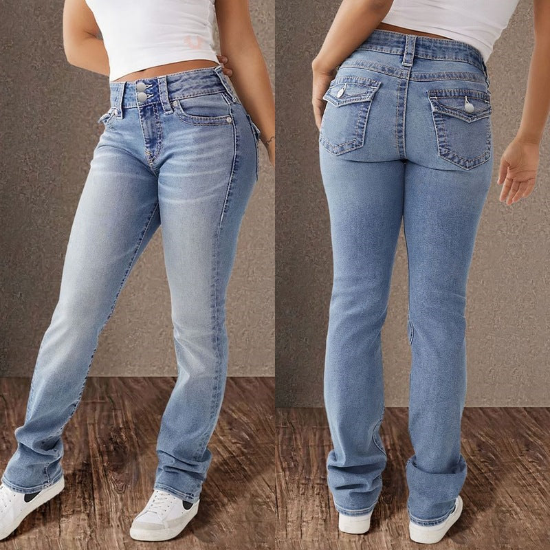 Double-button mid-rise straight-leg jeans