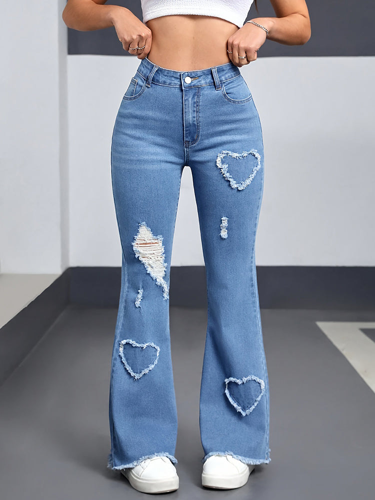Women’s Jeans Stretch Heart-Shaped Pattern Ripped Bootcut Pants