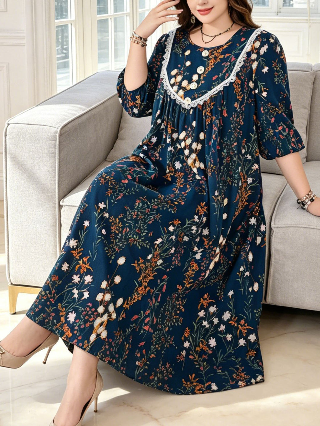 Round neck lantern sleeve floral maxi dress
