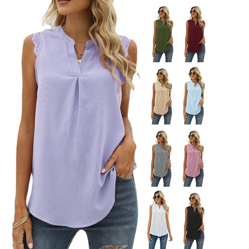 Solid color loose V-neck sleeveless lace-trimmed shirt