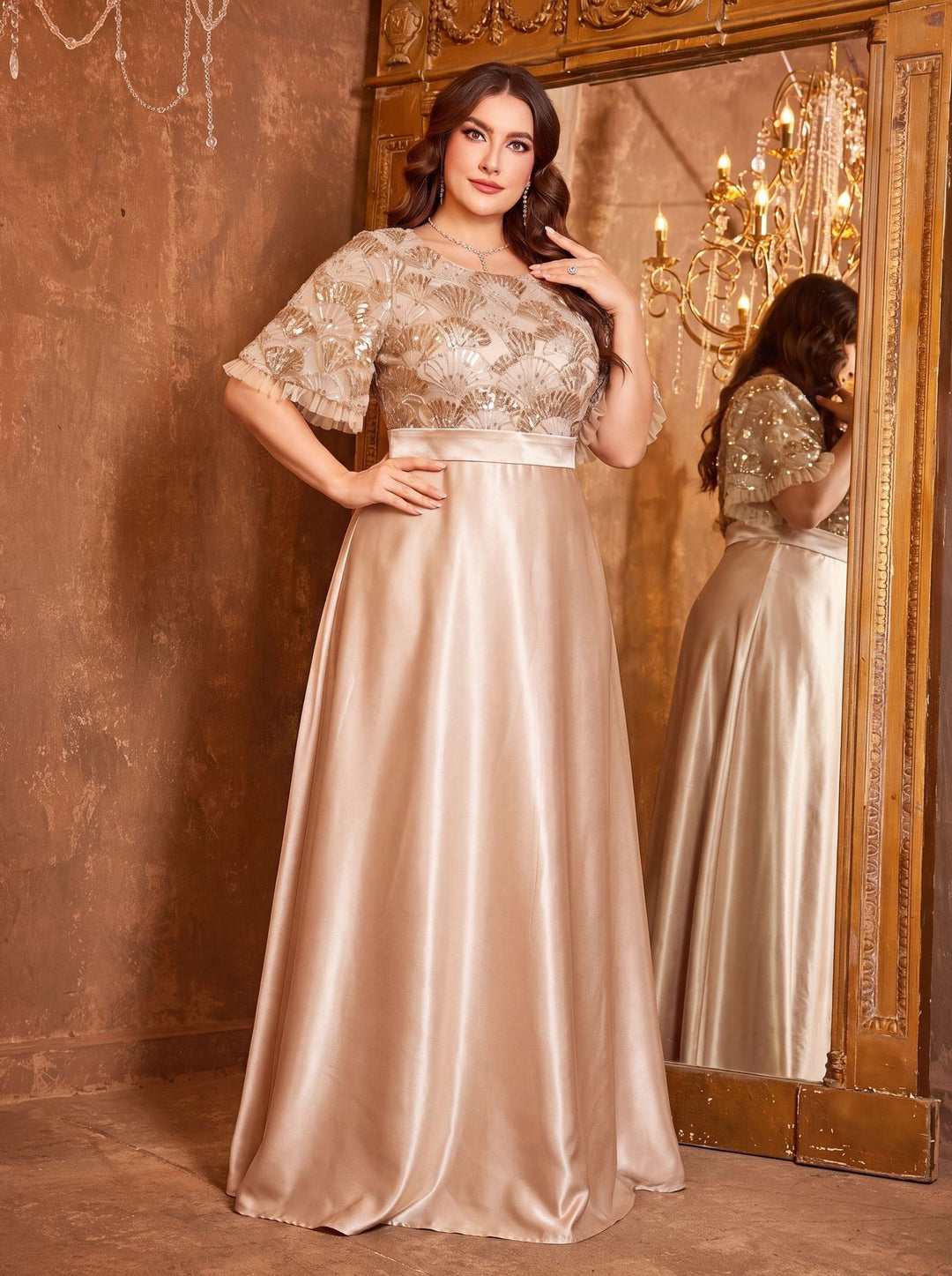 Rope Embroidery Round Neck Evening Gown