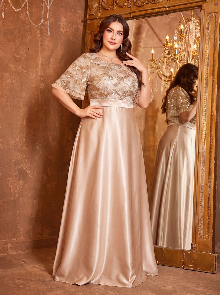 Rope Embroidery Round Neck Evening Gown