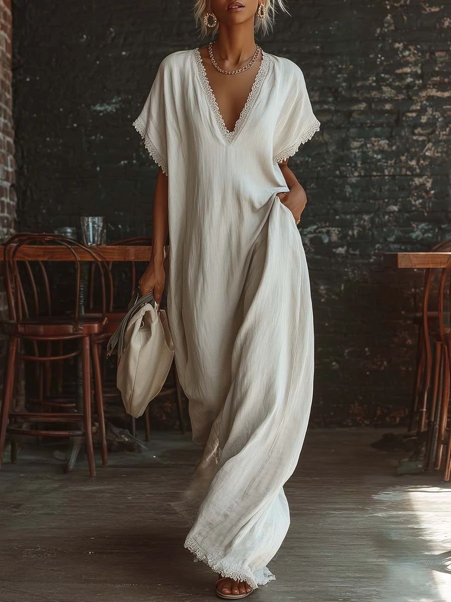 V-Neck Lace Trim Linen Caftan Dress