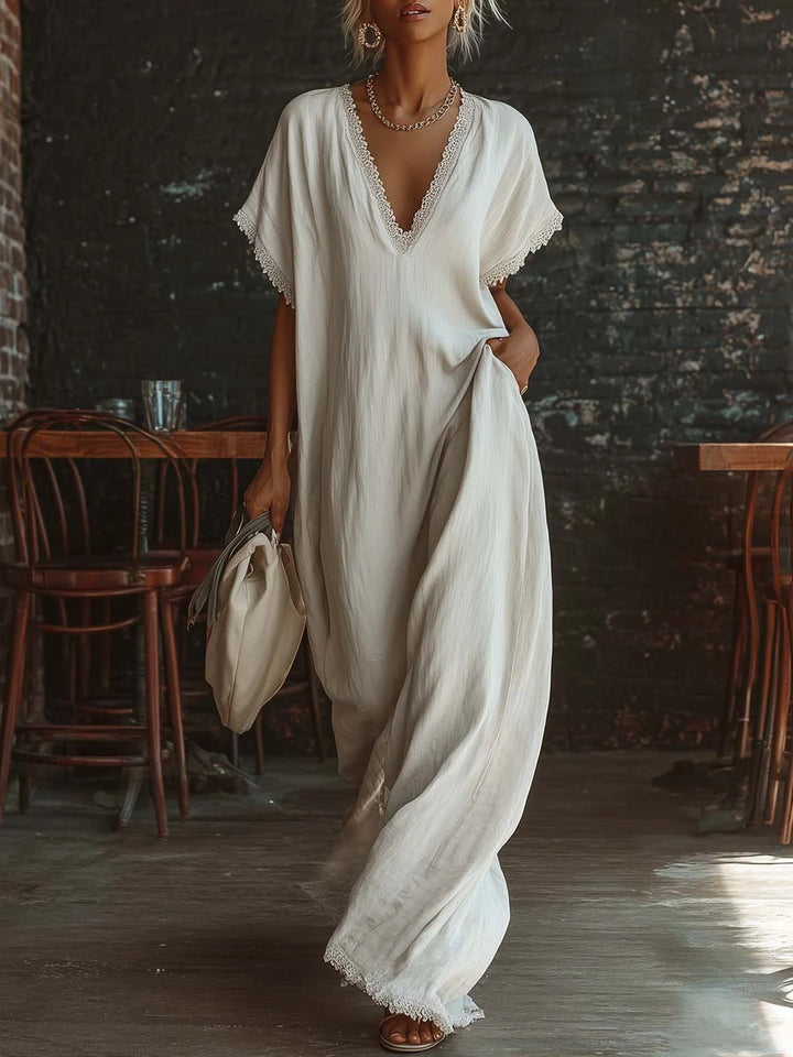 V-Neck Lace Trim Linen Caftan Dress