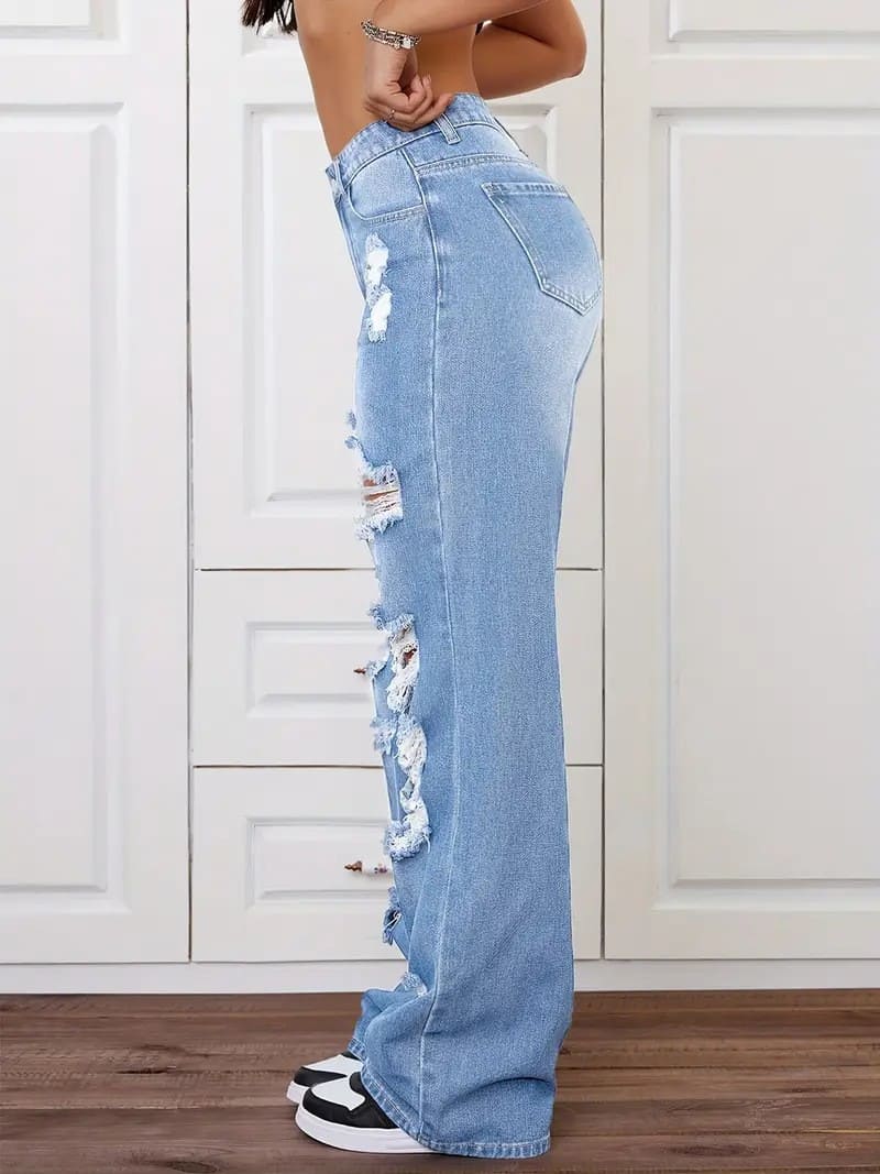 Retro distressed washed high-waisted straight leg jeans