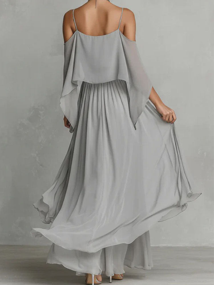 A halter-neck off-shoulder top and asymmetrical wide-leg pants set