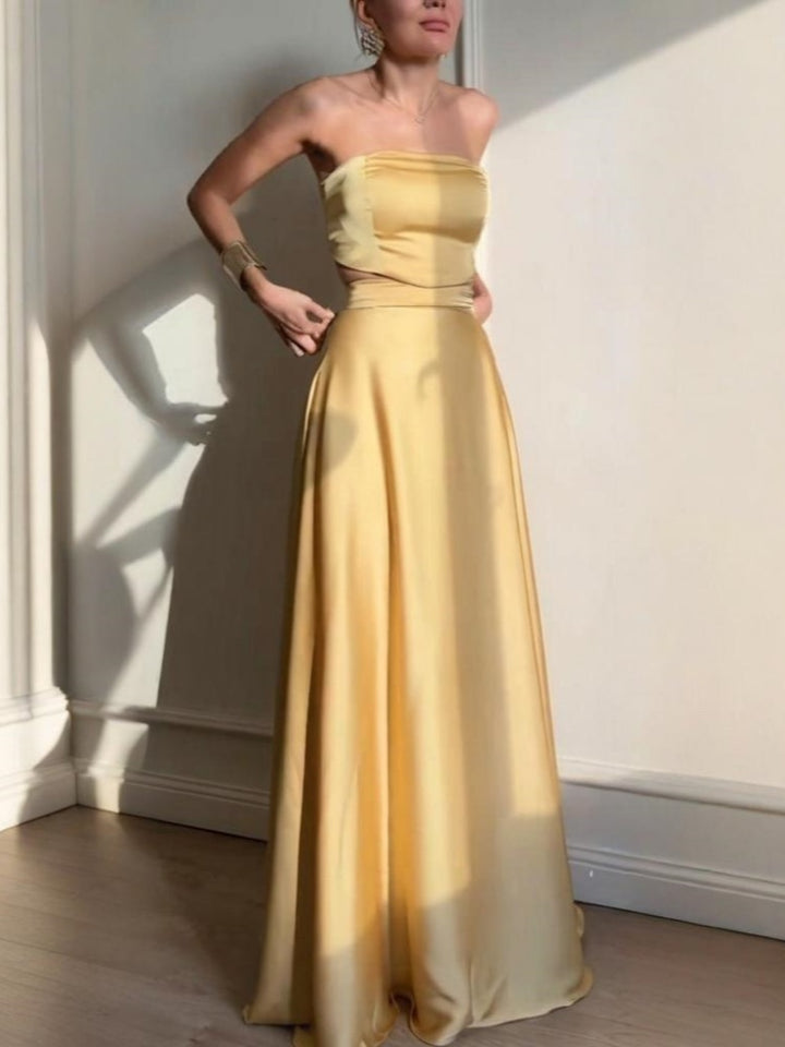 Gold Satin Strapless Cut-Out Two Piece Maxi Skirt Set