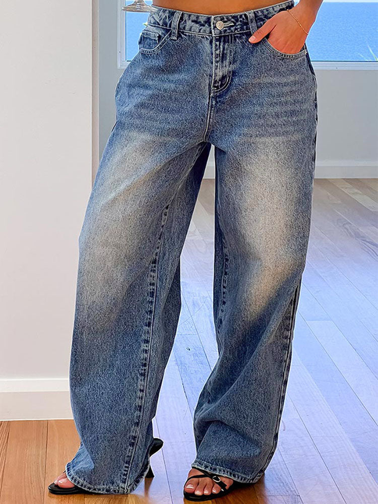 Retro heart-shaped back pocket loose jeans