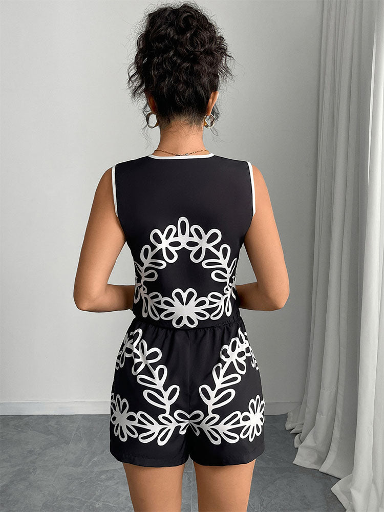 V-neck printed sleeveless top and elastic waist shorts two-piece set