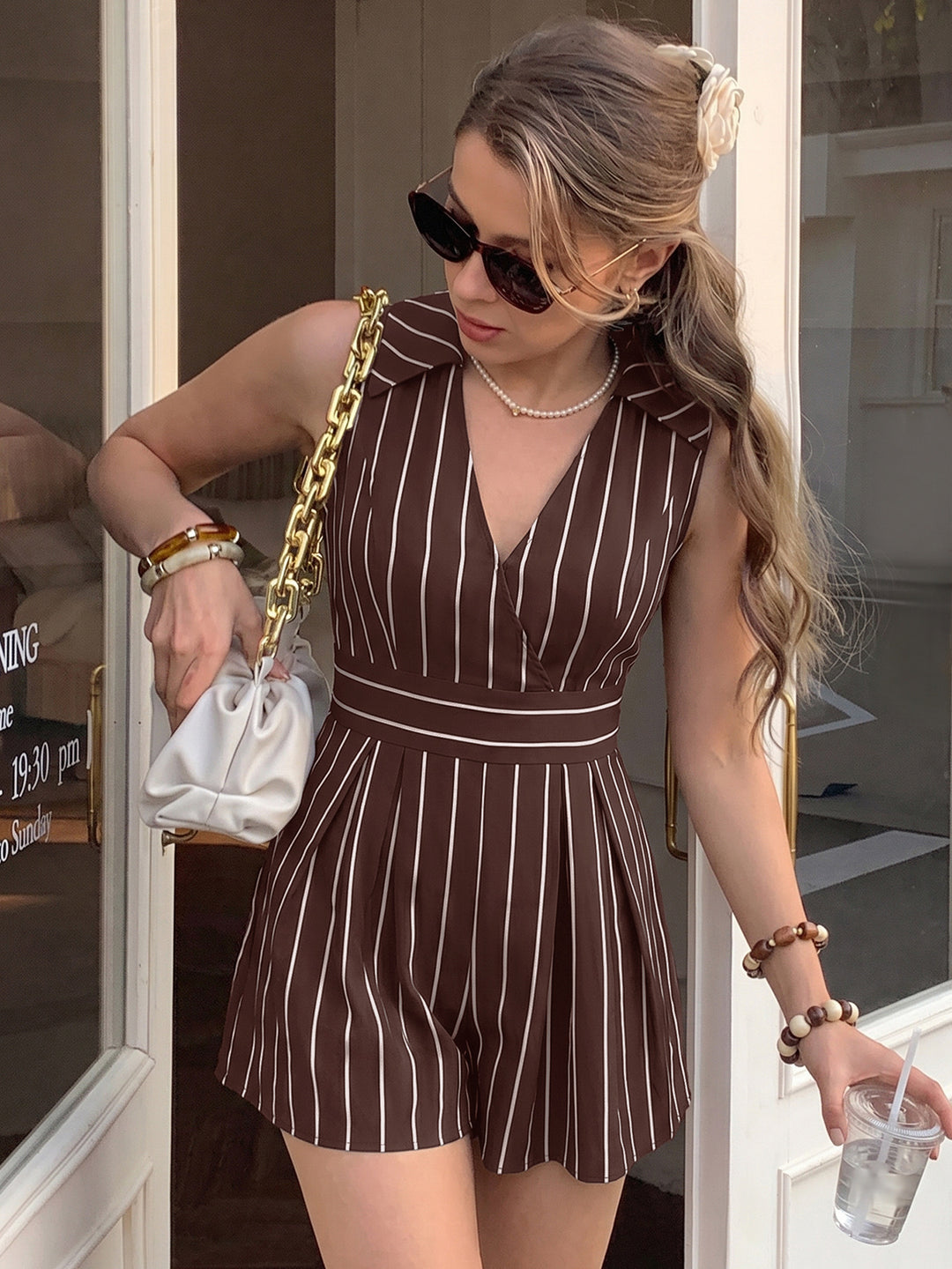 Striped sleeveless V-neck jumpsuit shorts