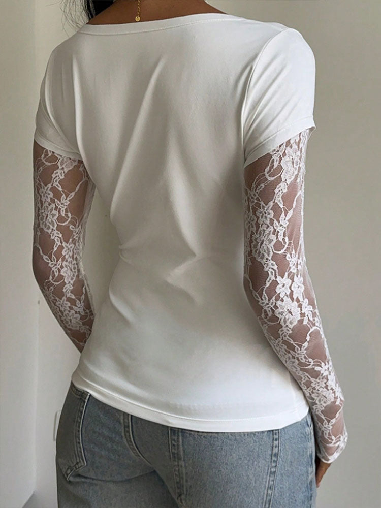 Mesh lace long-sleeved fitted top