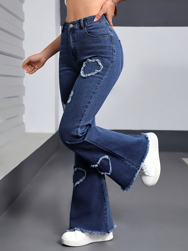 Women’s Jeans Stretch Heart-Shaped Pattern Ripped Bootcut Pants