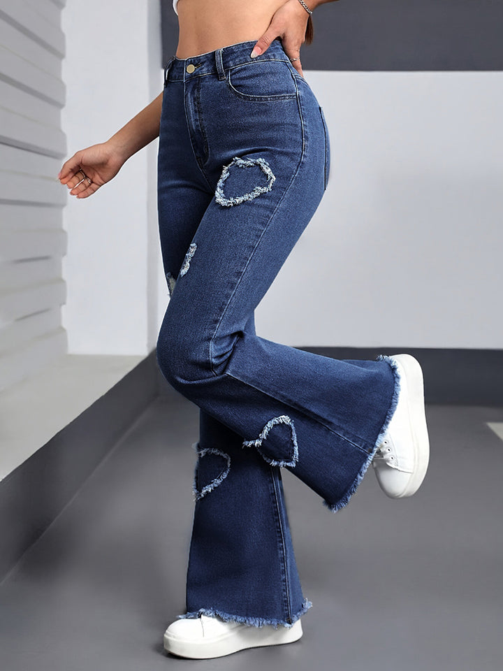 Women’s Jeans Stretch Heart-Shaped Pattern Ripped Bootcut Pants