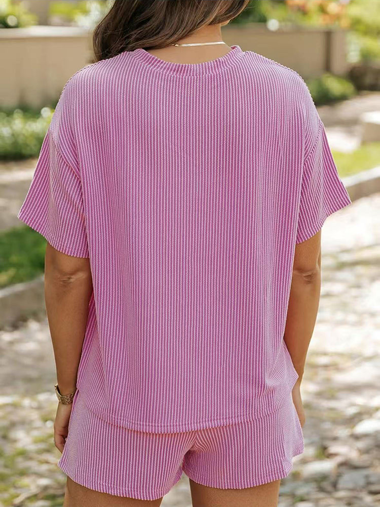 Striped short-sleeve top and shorts solid-color two-piece set