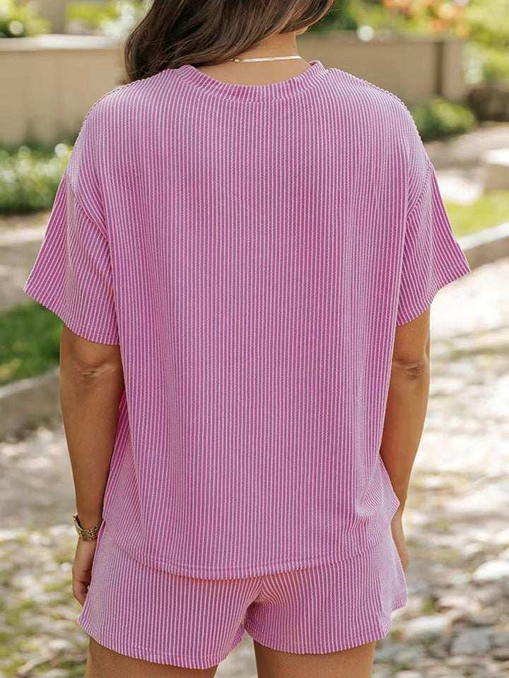 Striped short-sleeve top and shorts solid-color two-piece set