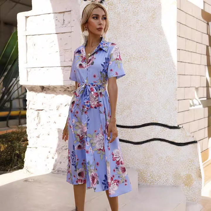 Waist-cinching single-breasted printed short-sleeved dress