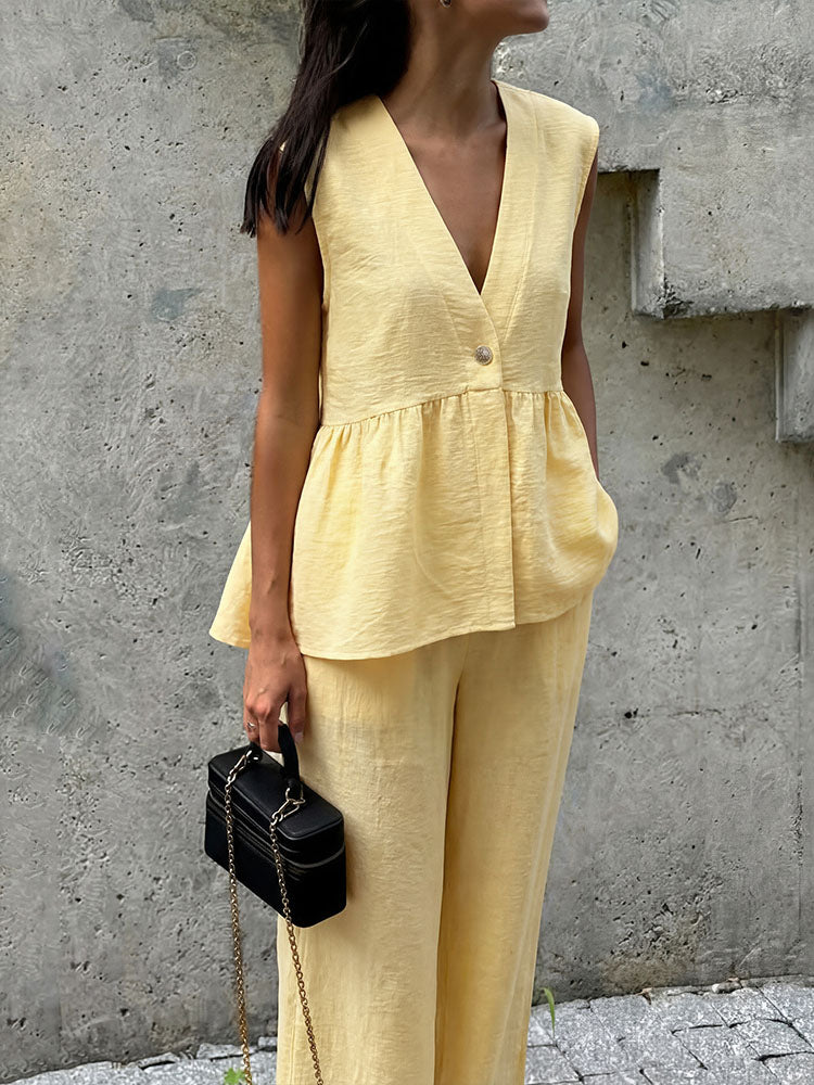 V-neck sleeveless top with ruffled hem and wide-leg pants set