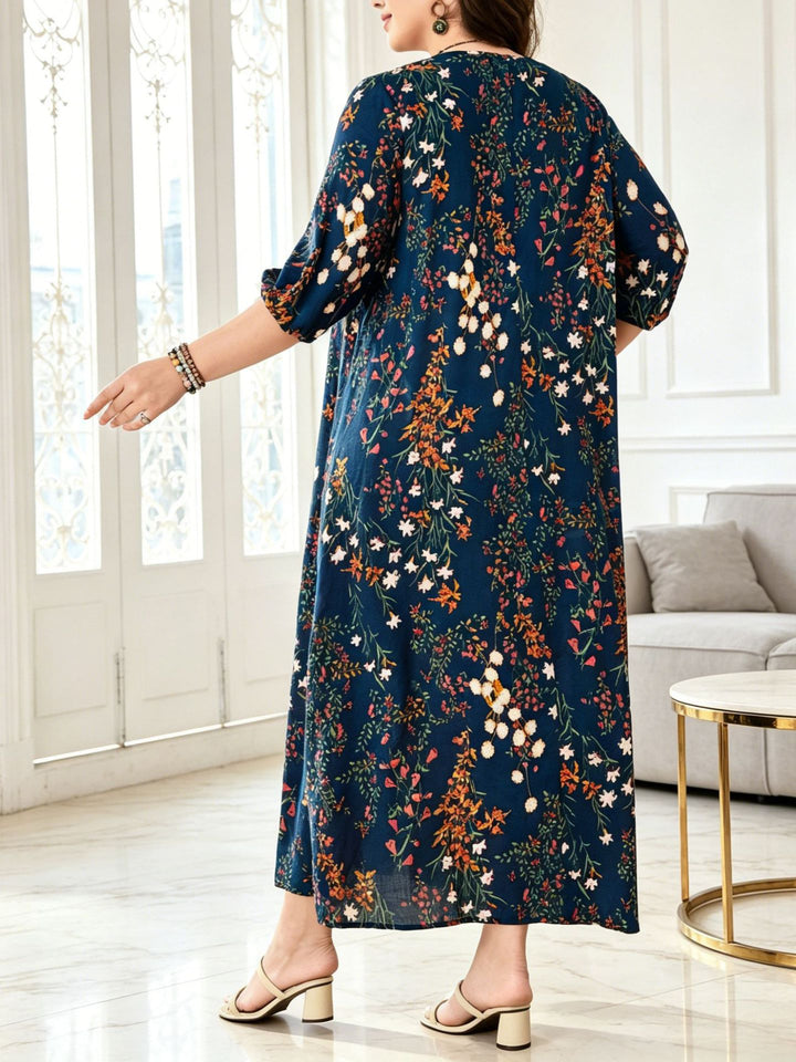 Round neck lantern sleeve floral maxi dress