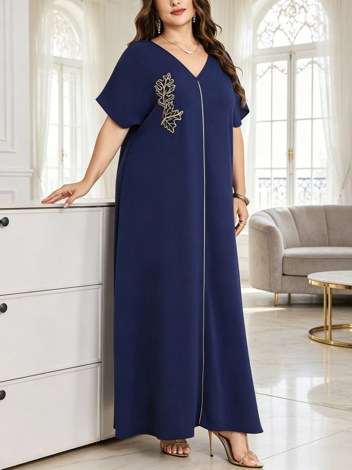 Plus-size V-neck dress with leaf embroidery