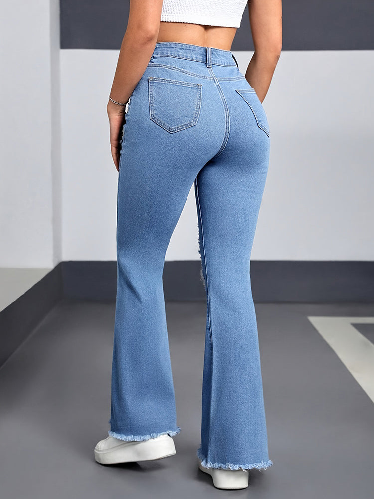 Women’s Jeans Stretch Heart-Shaped Pattern Ripped Bootcut Pants