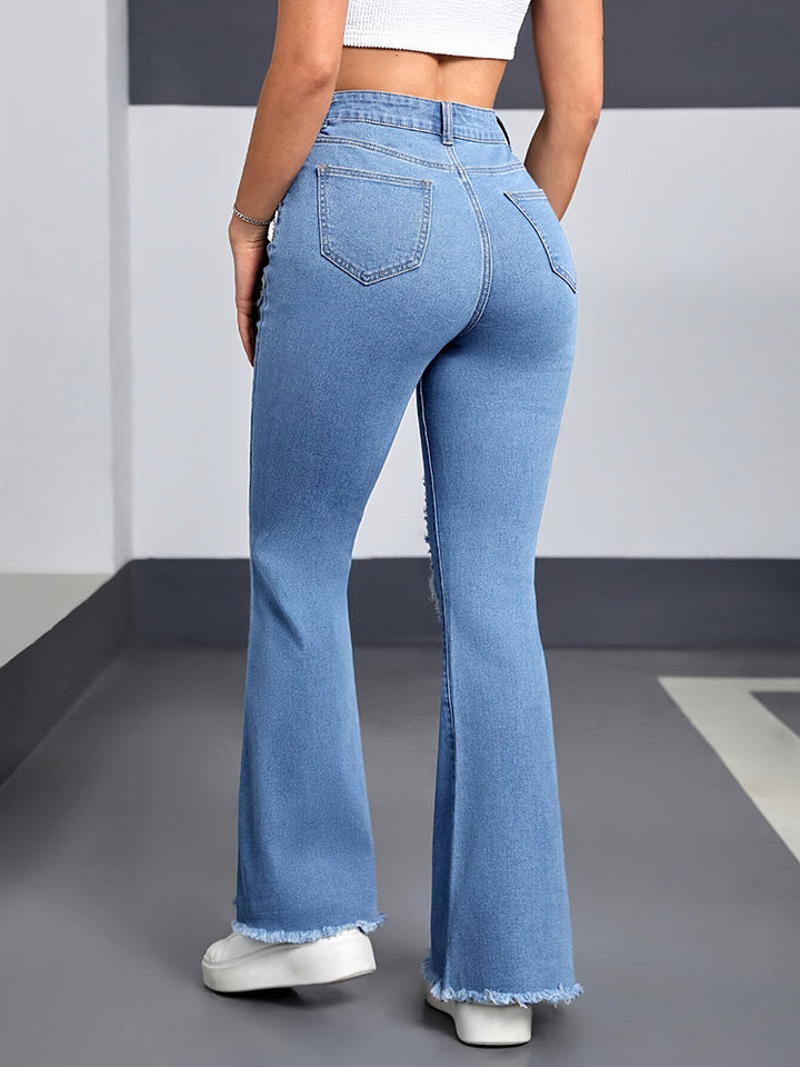 Women’s Jeans Stretch Heart-Shaped Pattern Ripped Bootcut Pants