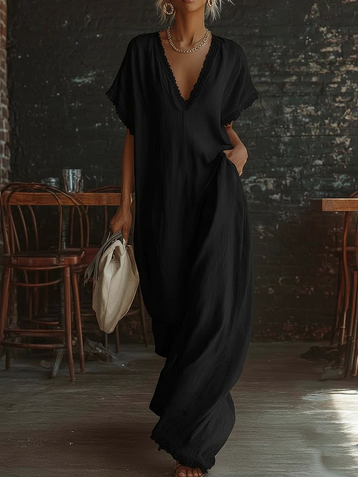 V-Neck Lace Trim Linen Caftan Dress