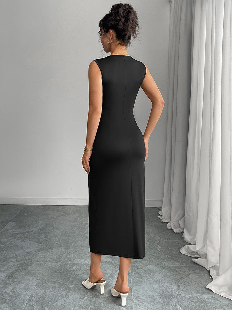 Sleeveless Slim-Fit Bow-Detail Dress with Slit