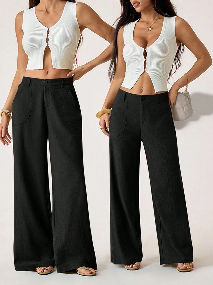 Mid-waisted straight-leg cotton-linen wide-leg pants
