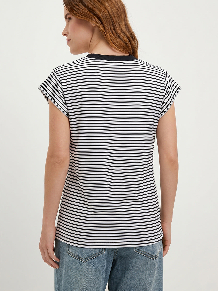 Round neck striped cap sleeve top