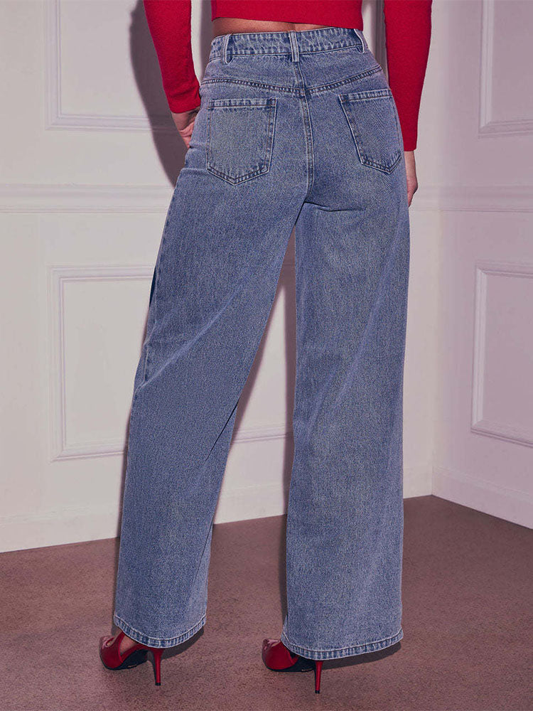 Heart-print high-waisted wide-leg jeans