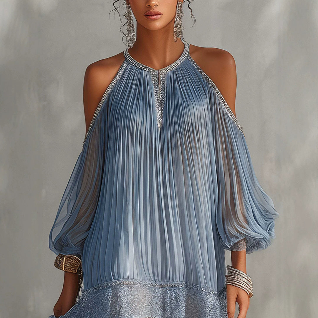 Puff-sleeve pleated dress with lace hem