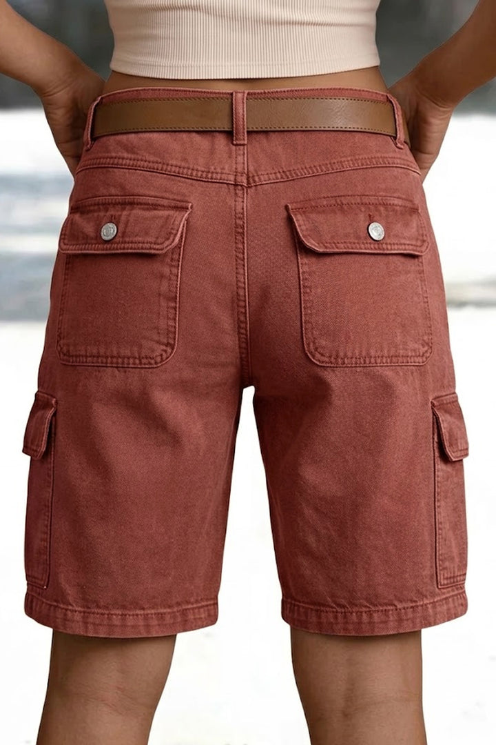 Vintage-wash denim utility shorts