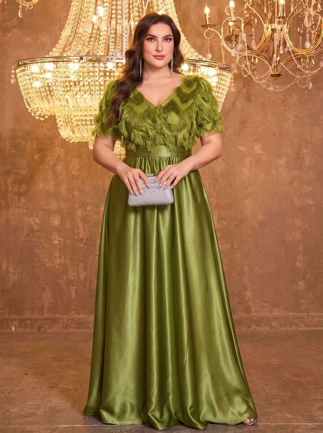 Faux Fur and Tassel Jacquard Knit Evening Gown