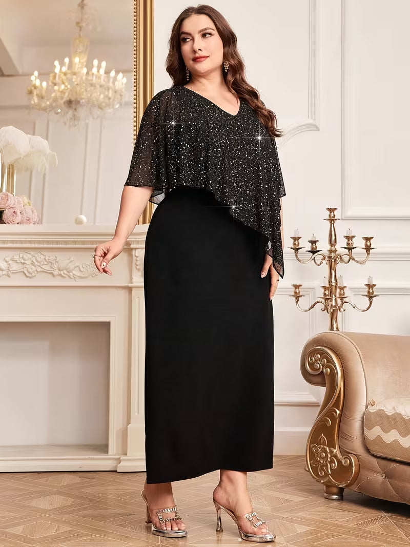 Elegant V-neck fitted waist batwing sleeve long dress