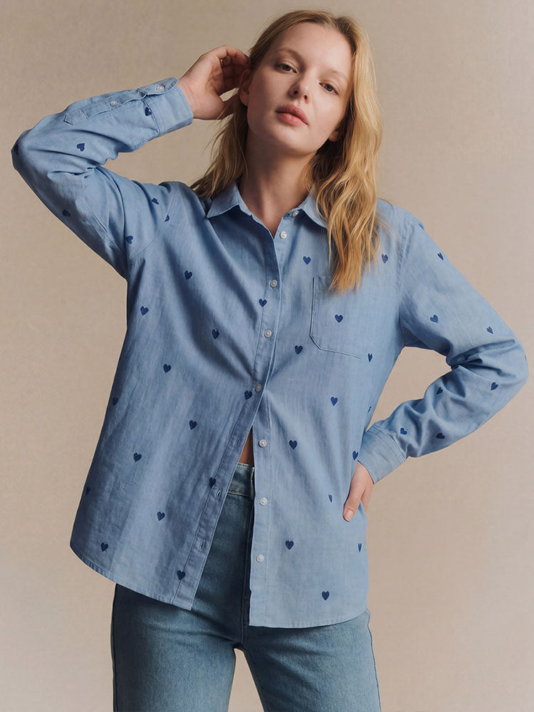 Heart-patterned loose long-sleeved shirt
