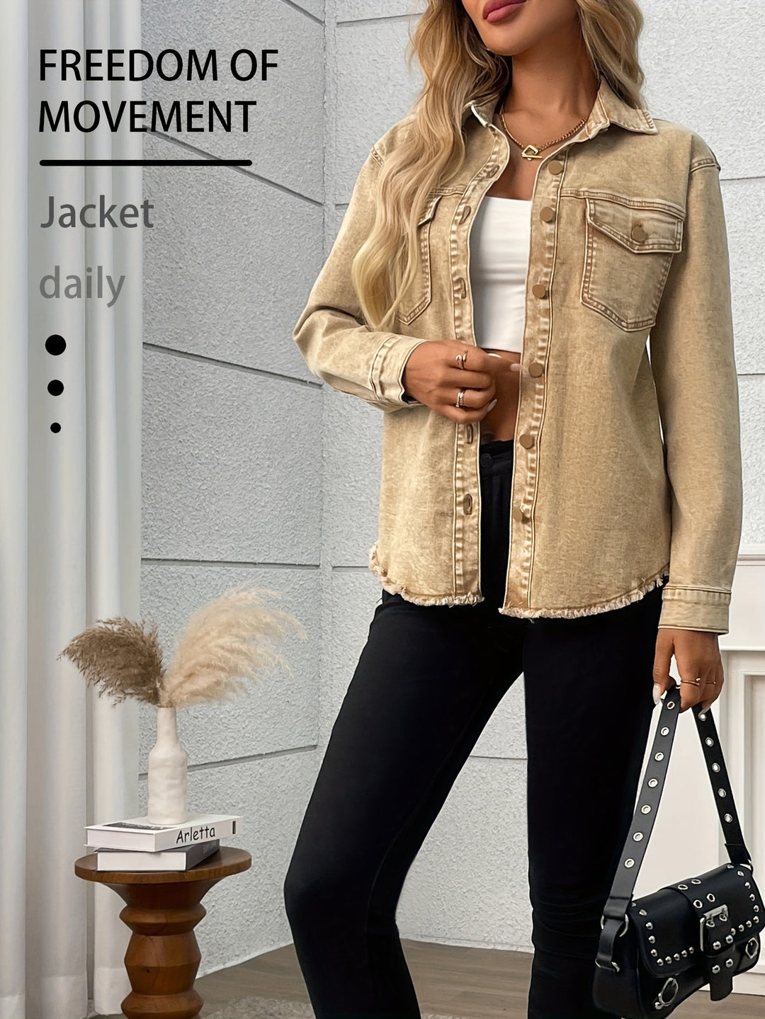 Stretch long-sleeved loose denim jacket with pockets