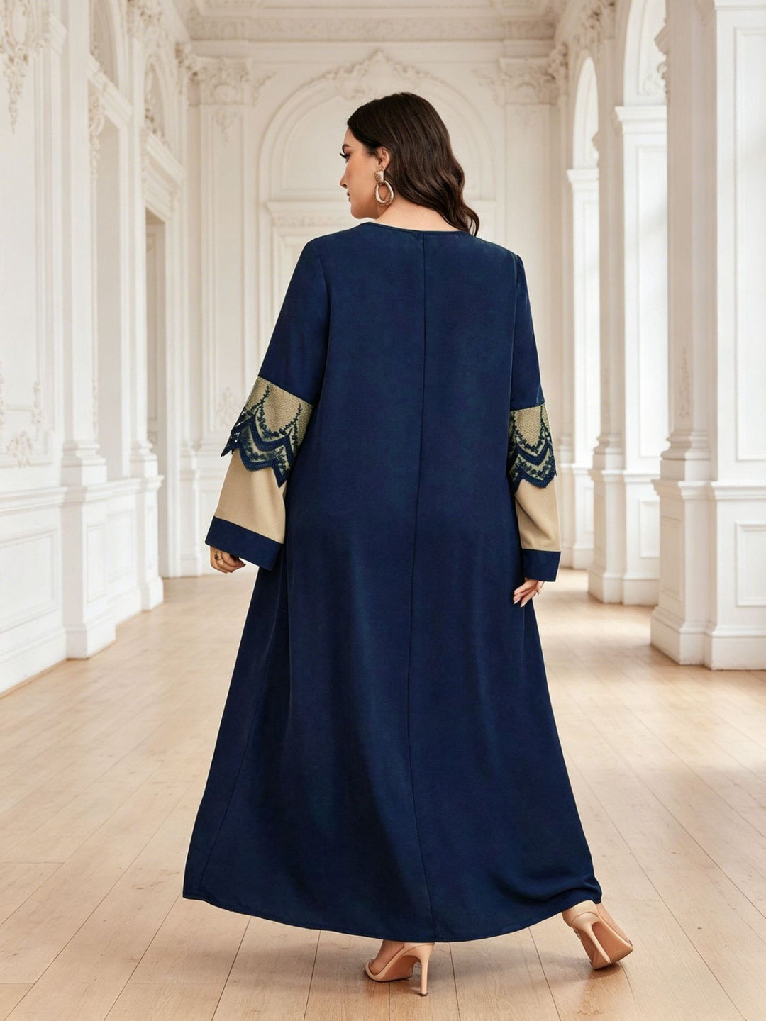 Color-blocked lace long-sleeved beaded maxi dress