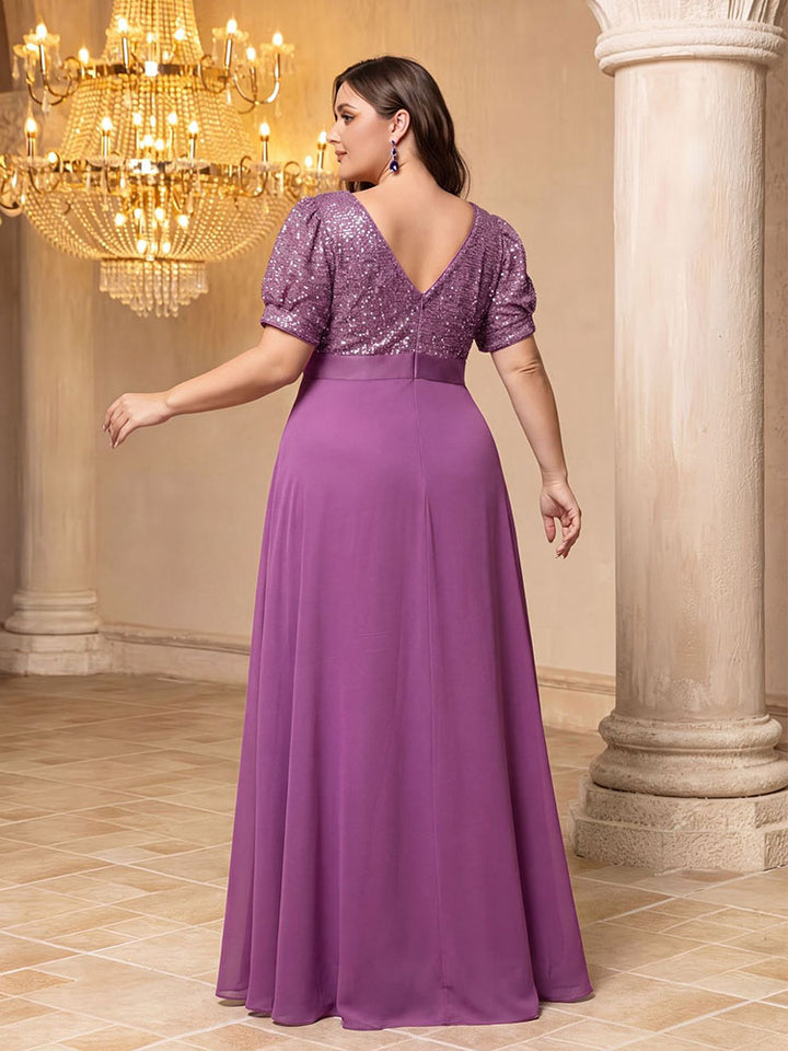 V-neck puff sleeve plus-size evening dress