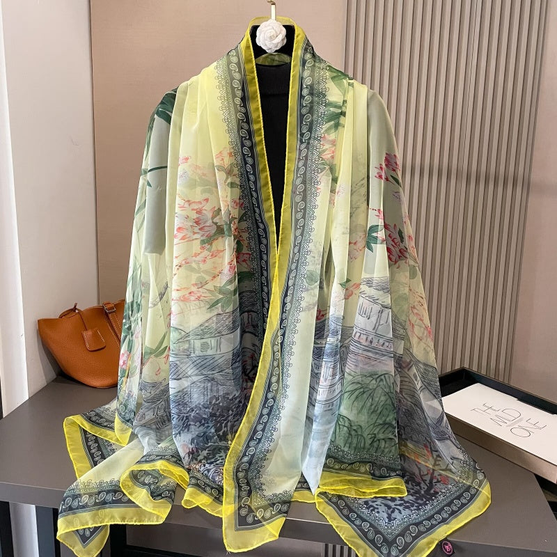 Sheer Artistic Floral Long Scarf Shawl